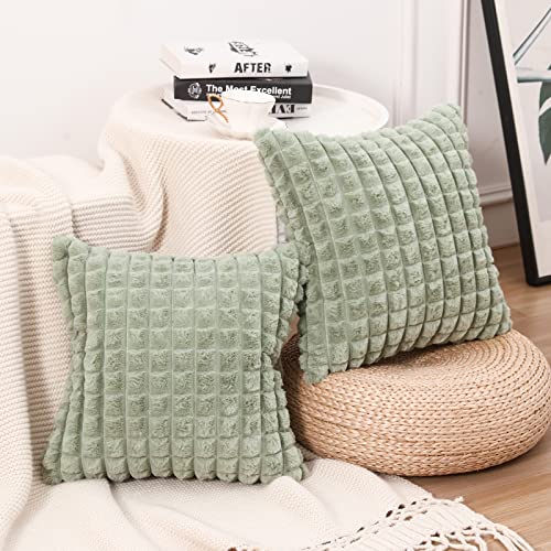 Mandioo 2er Set Super Soft Plüsch Faux Pelz Dekokissen Kissenbezüge 45x45 cm Salbei grün, Plaid Textur Moderne Luxus Kissenbezug Sofakissen Dekorativ Couchkissen Kissenhülle für Sofa Couch von Mandioo