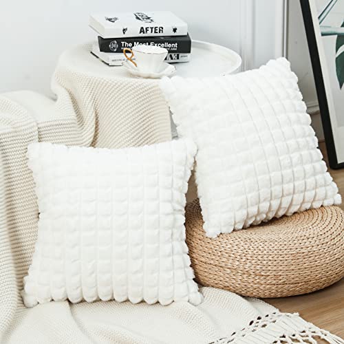 Mandioo 2er Set Super Soft Plüsch Faux Pelz Dekokissen Kissenbezüge 55x55 cm Weiß, Plaid Textur Moderne Luxus Kissenbezug Sofakissen Dekorativ Couchkissen Kissenhülle für Sofa Couch Wohnzimmer von Mandioo