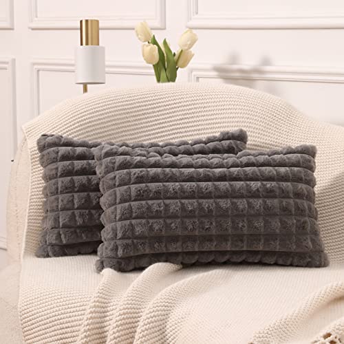 Mandioo 2er Set Super Soft Plüsch Faux Pelz Dekokissen Lumbar Kissenbezüge 30x50 cm Grau, Plaid Textur Moderne Luxus Kissenbezug Sofakissen Dekorativ Couchkissen Kissenhülle für Sofa Couch von Mandioo