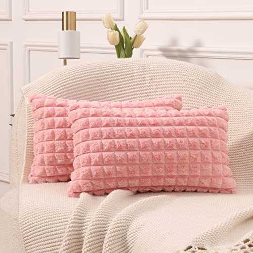 Mandioo 2er Set Super Soft Plüsch Faux Pelz Dekokissen Lumbar Kissenbezüge 30x50 cm Rosa, Plaid Textur Moderne Luxus Kissenbezug Sofakissen Dekorativ Couchkissen Kissenhülle für Sofa Couch von Mandioo