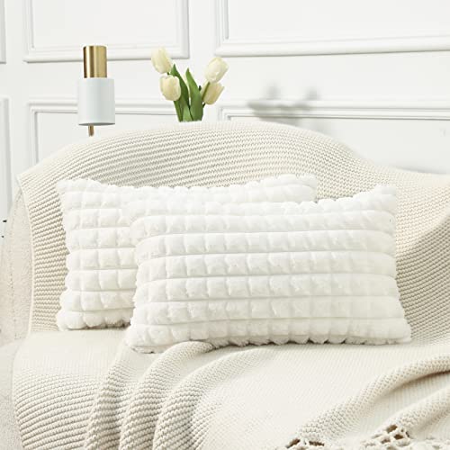 Mandioo 2er Set Super Soft Plüsch Faux Pelz Dekokissen Lumbar Kissenbezüge 30x50 cm Weiß, Plaid Textur Moderne Luxus Kissenbezug Sofakissen Dekorativ Couchkissen Kissenhülle für Sofa Couch von Mandioo