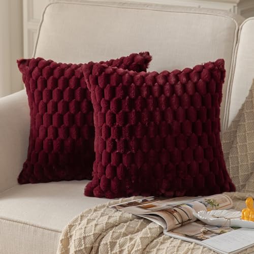 Mandioo 2er Set WeinRot superweichen dekorative Plüsch Kissenbezug Kissenbezüge 45 x 45 cm Wollsamt Dekokissenbezüge Kissenhülle Sofakissen Dekokissen flauschig für Couch Sofa Bett Wohnzimmer von Mandioo