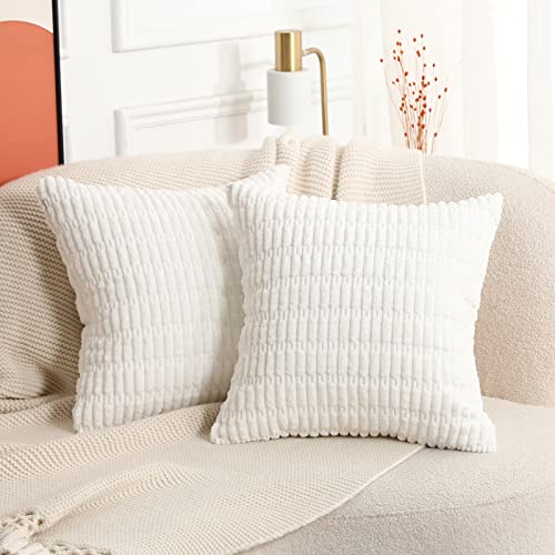 Mandioo 2er Set Weiß Plüsch Boho Dekorative Wurf Kissenbezüge 40x40 cm, Super Weich gestreifte Cord Dekokissen Kissenbezug Sofakissen Dekorativ Couchkissen Kissenhülle für Sofa Couch Wohnzimmer von Mandioo