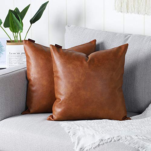 Mandioo 2er Set aus Kunstleder Kissenbezug Dekorativen Quadratisch Überwurf Kissenbezüge Kissen für Sofa Schlafzimmer 14"x14", 35 x 35 cm,Braun von Mandioo