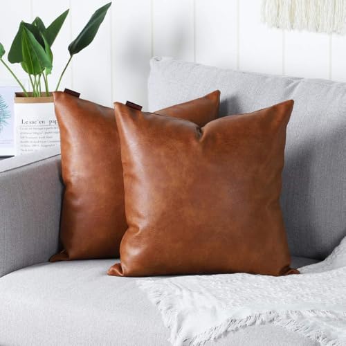 Mandioo 2er Set aus Kunstleder Kissenbezug Dekorativen Quadratisch Überwurf Kissenbezüge Kissen für Sofa Schlafzimmer 20"x20", 50 x 50 cm,Braun von Mandioo