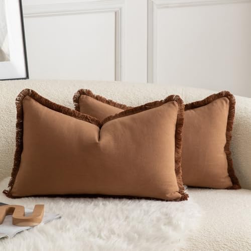 Mandioo 2er Set neutralen Baumwolle Quasten Kissenbezug 30x50cm Dekorative Kissenbezüge Dekokissen Boho Sofakissen Kissenhülle für Couch Sofa Schlafzimmer Wohnzimmer Heimdekoration Braun von Mandioo