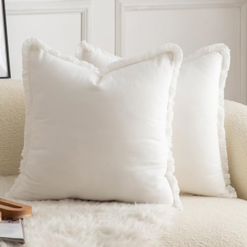 Mandioo 2er Set neutralen Baumwolle Quasten Kissenbezug 55x55cm Dekorative Kissenbezüge Dekokissen Boho Sofakissen Kissenhülle für Couch Sofa Schlafzimmer Wohnzimmer Heimdekoration Cremeweiß von Mandioo
