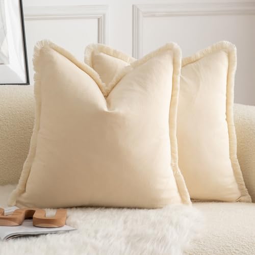 Mandioo 2er Set neutralen Baumwolle Quasten Kissenbezug 65x65cm Dekorative Kissenbezüge Dekokissen Boho Sofakissen Kissenhülle für Couch Sofa Schlafzimmer Wohnzimmer Heimdekoration Beige von Mandioo