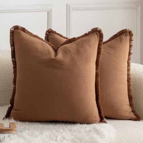 Mandioo 2er Set neutralen Baumwolle Quasten Kissenbezug 65x65cm Dekorative Kissenbezüge Dekokissen Boho Sofakissen Kissenhülle für Couch Sofa Schlafzimmer Wohnzimmer Heimdekoration Braun von Mandioo