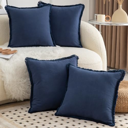 Mandioo 4er Set Neutralen Baumwolle Kissenbezug 50x50cm Herbst Quasten Dekorative Kissenbezüge Boho Sofakissen Dekokissen Kissenhülle für Couch Sofa Schlafzimmer Wohnzimmer Marineblau von Mandioo