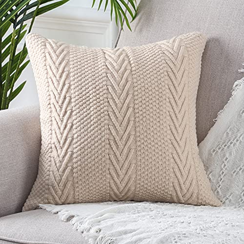 Mandioo Baumwolle gestrickte Beige dekorative Wurf Kissenbezüge Weiche Gemütliche Zierkissenbezug Luxus Moderne Dekorativ Couchkissen Kissenhüllen für Sofa Couch Wohnzimmer 50x50 cm von Mandioo