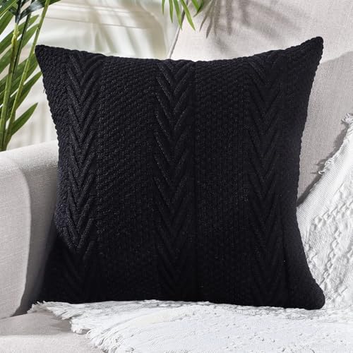 Mandioo Baumwolle gestrickte Schwarz dekorative Wurf Kissenbezüge Weiche Gemütliche Zierkissenbezug Luxus Moderne Dekorativ Couchkissen Kissenhüllen für Sofa Couch Wohnzimmer 45x45 cm von Mandioo