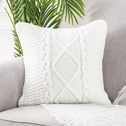 Mandioo Baumwolle gestrickte weiße dekorative Lumbar Wurf Kissenbezüge Weiche Gemütliche Kissenbezug Luxus Moderne Dekorativ Couchkissen Kissenhülle für Sofa Couch Wohnzimmer 40x40 cm von Mandioo