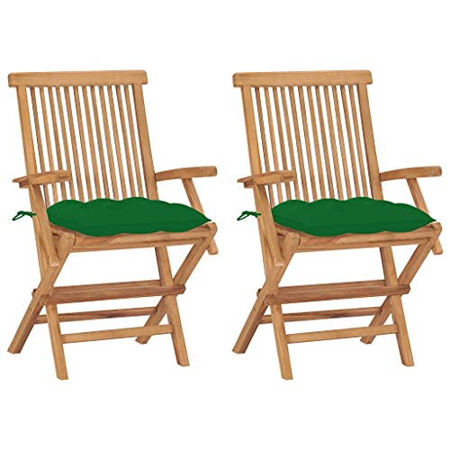 2er Set Gartenstühle Klappbar mit Grünen Kissen, Massivholz Teakholz Fein Geschliffen, Robuste Outdoor Stühle für Balkon Terrasse Gartenmöbel, Langlebig Wetterbeständig & Platzsparend von Mandloder