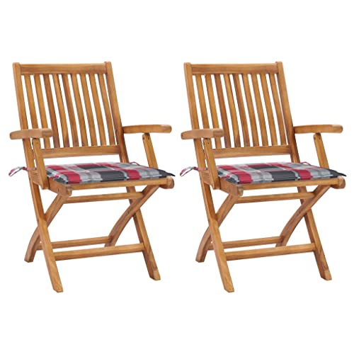 2er Set Gartenstühle Massivholz Teak, klappbar, rote Karomuster-Kissen, hochwertige Outdoor-Möbel für Garten und Terrasse 2er Set Gartenstühle Massivholz Teak, klappbar, rote Karomuster-Kissen, hochwertige Outdoor-Möbel für Garten und Terrasse von Mandloder