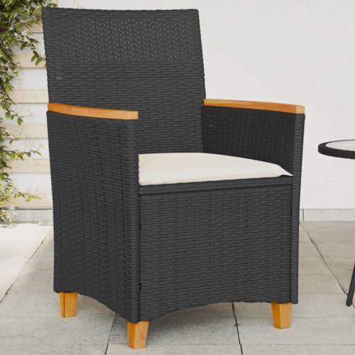 2er Set Gartenstühle Schwarz aus robustem Poly Rattan und Massivholz, Bequeme Outdoor Esszimmerstühle mit cremeweißen Kissen für Terrasse und Balkon von Mandloder