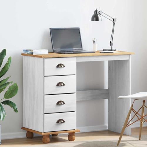 ASKIM Schreibtisch Weiß, 95x40x75 cm, Massivholz Kiefer, mit 4 Schubladen, für Büro, Homeoffice, Schlafzimmer, Stabiler Arbeitstisch von Mandloder