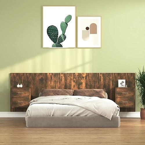 Bettkopfteil mit Nachttischen, Räuchereiche Holzwerkstoff, 160 cm breit, Robustes Design für Schlafzimmer Bettgestell, Set mit 2 Nachttischen, praktische Wandmontage maximiert Stauraum von Mandloder