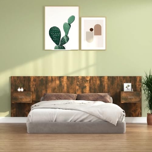 Bettkopfteil mit integrierten Nachttischen, Stauraum, Räuchereiche Holzwerkstoff, Robustes Wandpaneel für Schlafzimmer, praktisches Headboard mit eleganter Optik von Mandloder