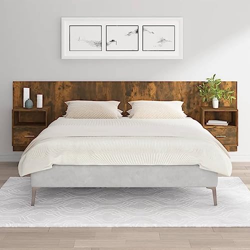 Bettkopfteil mit integrierten Nachttischen, robustem Holzwerkstoff, Räuchereiche-Optik, wandmontierbar für Schlafzimmer, inklusive Stauraum, 160x80 cm Set von Mandloder