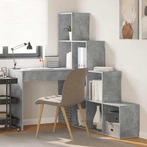 Eckschreibtisch Betongrau mit Regalablage, 101,5x149,5x149,5 cm, moderner Winkel-Computertisch für Heimbüro, platzsparende Schreibtischlösung aus Holzwerkstoff von Mandloder