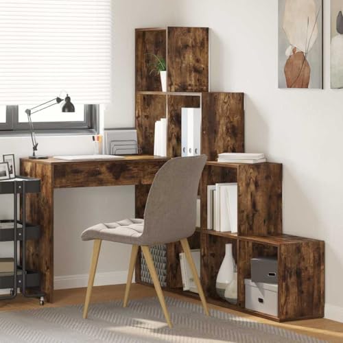Eckschreibtisch mit Regal, Räuchereiche, 101,5 x 149,5 x 149,5 cm, moderner Computertisch für Heimbüro und Arbeitszimmer, vielseitiger L-förmiger Schreibtisch mit Stauraum für Bürobedarf Eckschreibtisch mit Regal, Räuchereiche, 101,5 x 149,5 x 149,5 cm, moderner Computertisch für Heimbüro und Arbeitszimmer, vielseitiger L-förmiger Schreibtisch mit Stauraum für Bürobedarf von Mandloder