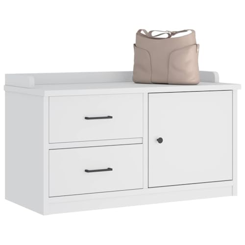 Flurbank SANDNES Weiß 87x40x50 cm, Massive Kiefer Holz Sitzbank mit Stauraum, Schuhregal für Eingangsbereich und Flur von Mandloder