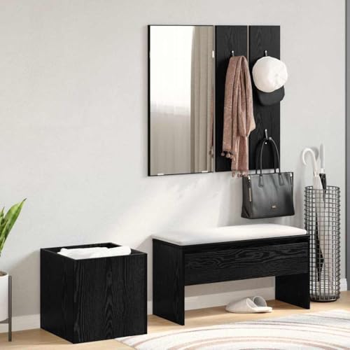 Flurmöbel-Set 5-teilig, Schwarz Eiche & Silber, 80x30,5x40 cm, Moderner Eingangsbereich Schrank mit Spiegel & Sitzbank für Zuhause von Mandloder