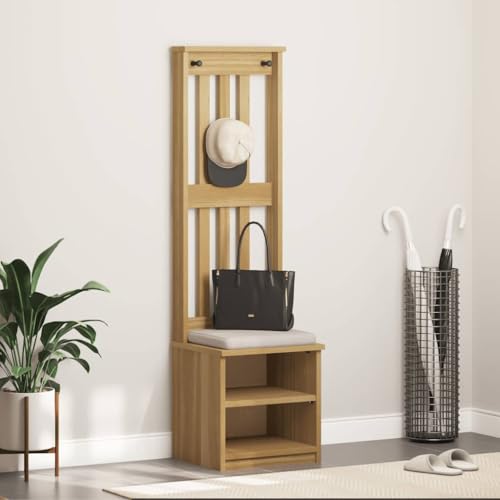 Garderobenständer SANDNES aus Massivholz Kiefer, Walnuss-Optik, 45x40x159,5 cm, mit 3 Haken, 2 Ablagen, UV-lackiert, für Flur Eingangsbereich von Mandloder