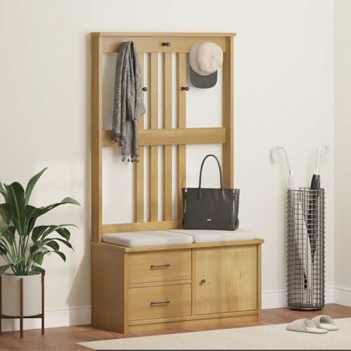Garderobenständer SANDNES aus massivem Kiefernholz, 87x40x159,5cm, Walnussholz-Optik, mit 5 Haken und Sitzbank für Flur, Eingangsbereich von Mandloder