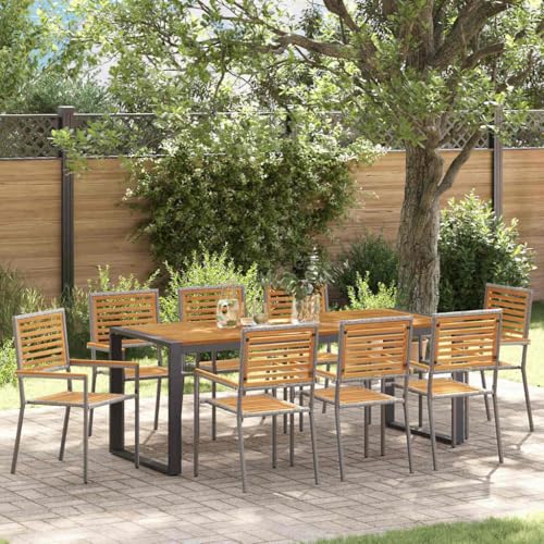 Garten Essgruppe 9-teilig Grau, Holz, Poly-Rattan & Akazienholz Outdoor Möbel Set mit 8 bequemen Gartenstühlen, 200x80x75 cm Esstisch für Terrasse, Balkon, Außenbereich – Modern von Mandloder