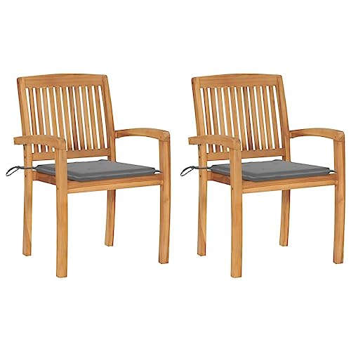 Gartenstühle 2er Set Massivholz Teak mit Grauen Kissen, Stapelbare Outdoor Gartenmöbel für Terrasse & Balkon, Witterungsbeständige Stühle für Außenbereich von Mandloder