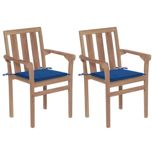 Gartenstühle 2er Set Teak Massivholz, stapelbar, mit Königsblauen Kissen, Outdoor Gartenmöbel für Terrasse Balkon, robust, langlebig und bis 110kg belastbar von Mandloder