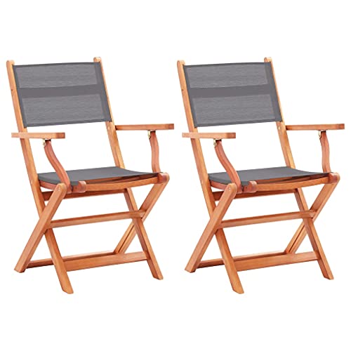 Gartenstühle Klappbar 2er-Set Outdoor Massivholz Eukalyptus mit Öl-Finish & Textilene Grau, platzsparende Gartenmöbel Stühle für Terrasse & Balkon, bis 110kg von Mandloder