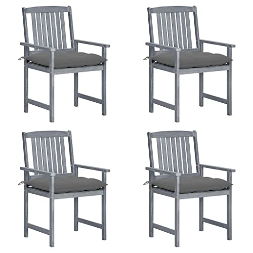 Gartenstühle Massivholz Akazie Grau, 4er Set Outdoor Stühle mit Kissen, Robuste Gartenmöbel für Terrasse Balkon, Hochlehner Essstühle Modernes Design von Mandloder