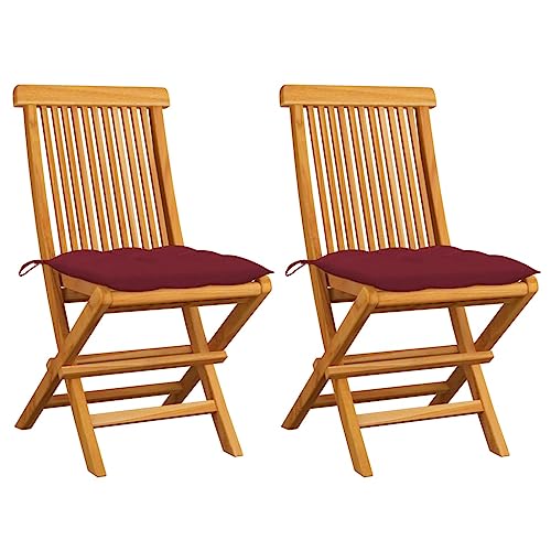 Klappbare Gartenstühle aus massivem Teakholz, 2er-Set mit weinroten Kissen, wetterfest und langlebig, ideal für Outdoor-Essbereiche von Mandloder