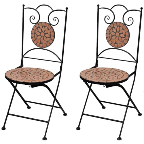 Mandloder 2er Set Klappbare Bistrostühle, Terrakotta Mosaik Keramik Gartenstühle mit Pulverbeschichtetem Eisenrahmen, Robuste Outdoor Klappstühle für Balkon, Terrasse, Gartenmöbel platzsparend von Mandloder