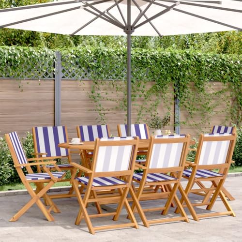 Mandloder 8er Set Klappbare Gartenstühle aus massivem Akazienholz, Blau-Weißer Stoff, robuste Outdoor Esszimmerstühle für Terrasse & Balkon von Mandloder