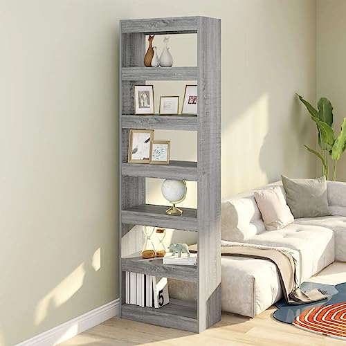 Mandloder Bücherregal Raumteiler Grau Sonoma, 60x30x198 cm, Holzwerkstoff Standregal, vielseitiger Book Shelf für Wohnzimmer, Stabiler Bookcase mit Ablagefächern von Mandloder