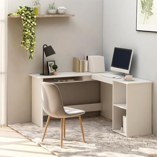 Mandloder Eckschreibtisch in L-Form Weiß 120x140x75 cm aus Holzwerkstoff, mit ausziehbarer Tastaturablage und 2 Regalen, ideal für Büro und Arbeitszimmer Mandloder Eckschreibtisch in L-Form Weiß 120x140x75 cm aus Holzwerkstoff, mit ausziehbarer Tastaturablage und 2 Regalen, ideal für Büro und Arbeitszimmer von Mandloder
