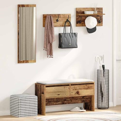 Mandloder Flurmöbel-Set Altholz Optik, Holzwerkstoff, 90x31x46.5 cm, mit Schuhbank, Spiegel und Kleiderhaken, für Eingangsbereich & Diele von Mandloder