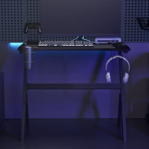 Mandloder Gaming-Schreibtisch mit LED-Beleuchtung und Y-förmigem Eisengestell, 90x60x75 cm, mit Kopfhörerhalter und Becherablage, Schwarz, ideal für PC-Gaming von Mandloder