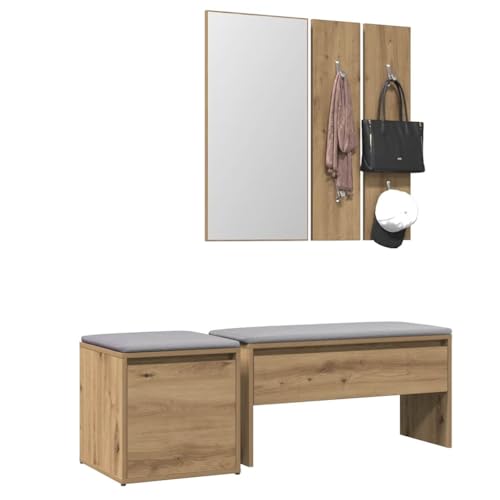 Mandloder Garderoben-Set Artisan-Eiche Holzwerkstoff, Flurmöbel-Kombination mit Bank, Spiegel, Garderobe und Box, viel Stauraum für Eingangsbereich, Schuhaufbewahrung, modern, stabil von Mandloder