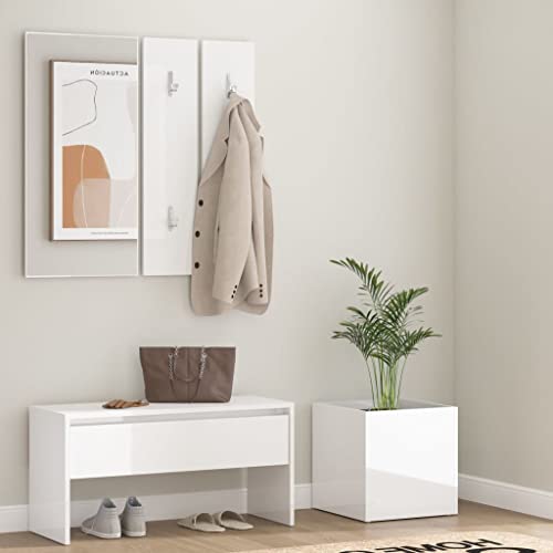 Mandloder Garderoben-Set Hochglanz-Weiß Holzwerkstoff, Flurmöbel-Set mit Sitzbank, Spiegel, Garderobe, Stauraum, Ablage & Pflanzgefäß für Eingangsbereich von Mandloder
