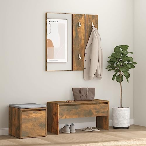 Mandloder Garderoben-Set Räuchereiche Holzwerkstoff, Flurmöbel mit Spiegel, Bank & Aufbewahrungsbox, vielseitiges Eingangsmöbel für Zuhause, ideal für Schuhe von Mandloder