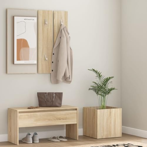 Mandloder Garderoben-Set Sonoma-Eiche Holzwerkstoff, multifunktionaler Flur Organizer mit Bank, Spiegel, Garderobe und Pflanzgefäß, Robustes Eingangsmöbel für Zuhause von Mandloder