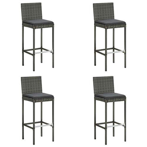Mandloder Garten-Barhocker Set 4 STK. Grau Poly Rattan Outdoor Hochlehner Stühle mit Kissen, Witterungsbeständige Gartenmöbel, pulverbeschichteter Stahlrahmen, 76cm Sitzhöhe. von Mandloder