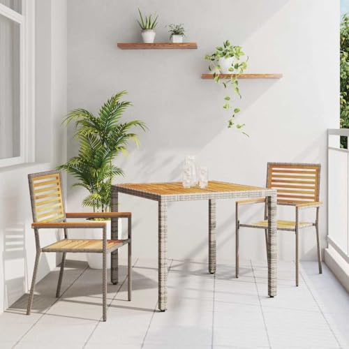 Mandloder Garten Essgruppe, 3-teilig, Grau, Poly-Rattan und Akazienholz, 90x90x75 cm, Robustes Outdoor Möbel Set für Terrasse und Balkon von Mandloder