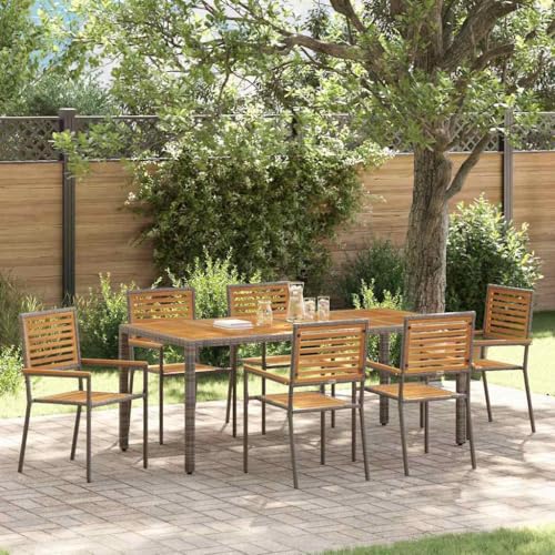 Mandloder Garten Essgruppe 7-teilig aus Poly-Rattan und Akazienholz, Grau, 190x90x75 cm, für Outdoor-Mahlzeiten und Entspannung von Mandloder