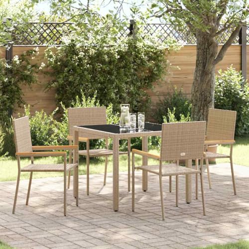 Mandloder Garten Essgruppe Poly-Rattan Beige, 5-teiliges Outdoor Esszimmer Set mit 4 Stühlen und Glastisch, 90x90x75 cm, wetterfest für Terrasse Balkon von Mandloder